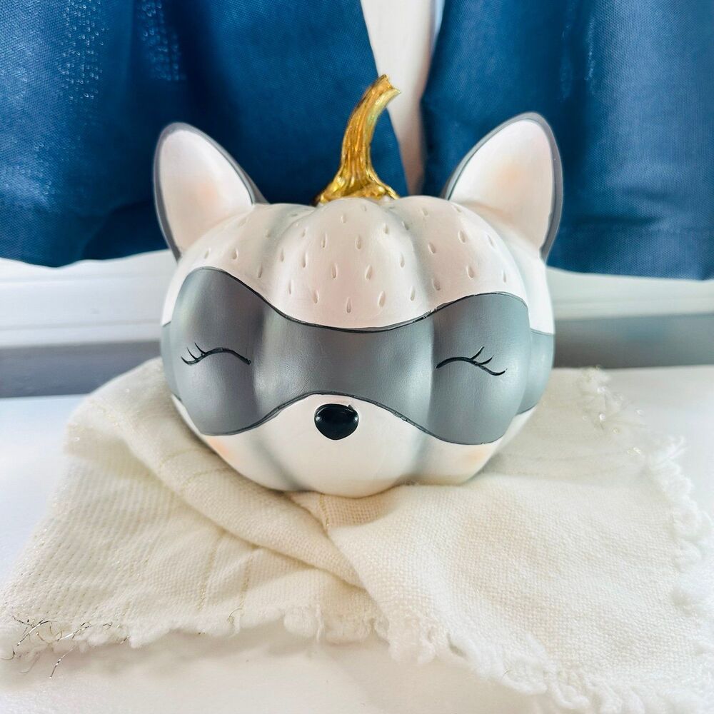 Harvest Moon Sleepy Raccoon Resin Pumpkin with Gold Stem 6.75 inches